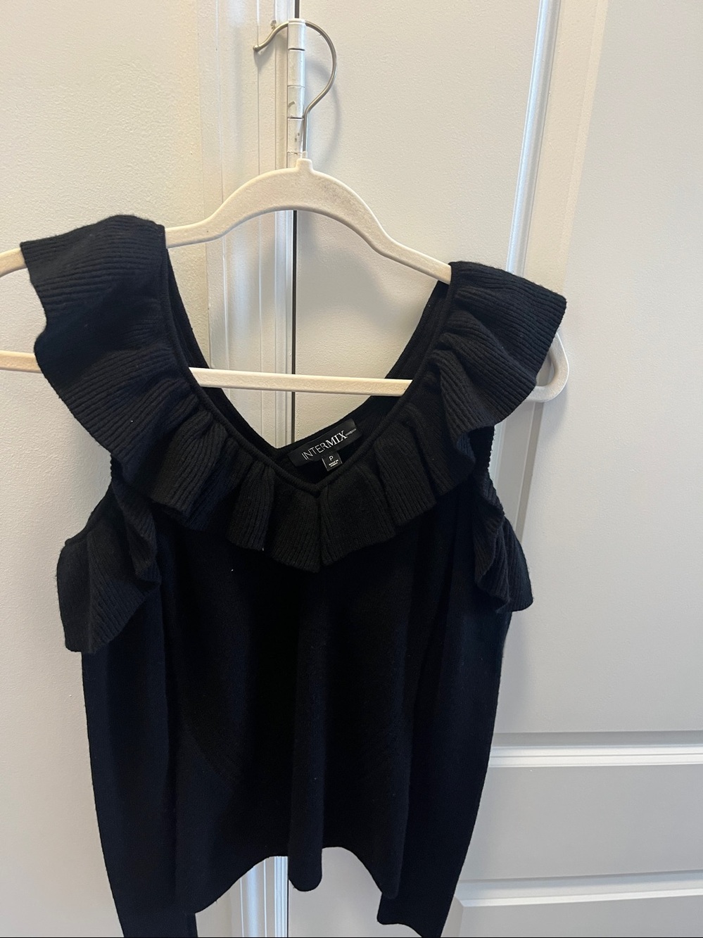 INTERMIX Black Ruffle-Trim Cold Shoulder knit Top - Picture 2 of 4